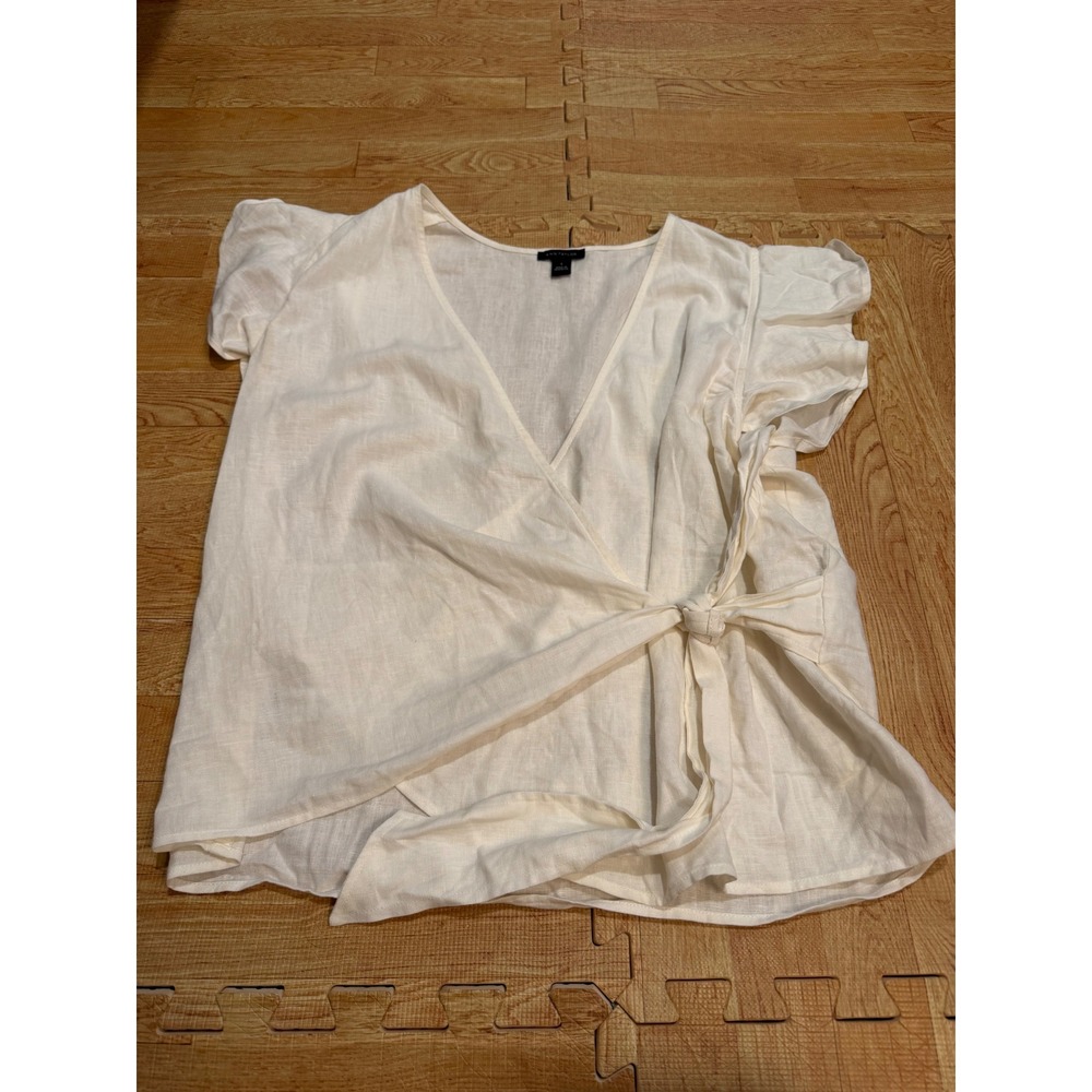 Ann Taylor White Linen Wrap Top Ruffle Sleeve V-Neck Side Tie Cream Small